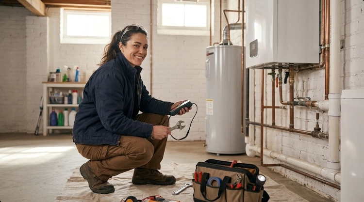 Plumber testing black iron gas line manifold pressure with digital manometer in East Village Manhattan