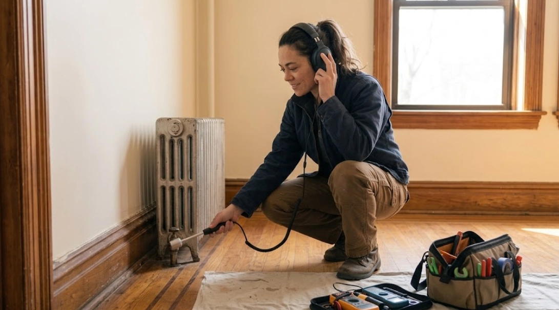 Professional technician performing hidden water leak detection in East Village Manhattan