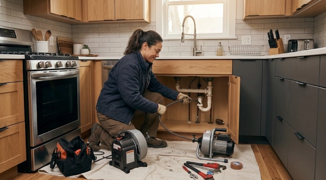 Plumber performing kitchen sink drain cleaning and motorized snake clearing in East Village Manhattan