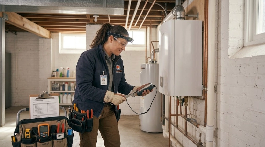 Technician servicing a commercial steam and hydronic boiler heating plant in East Village Manhattan