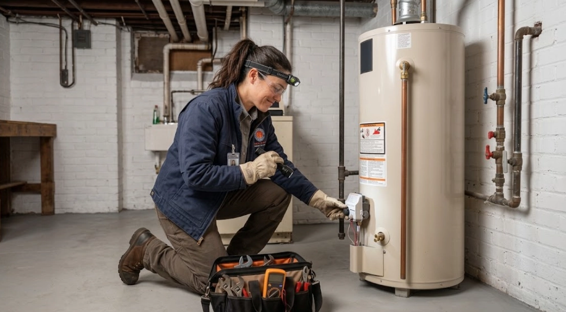 Plumber inspecting a residential water heater burner assembly and pressure relief valve in East Village Manhattan